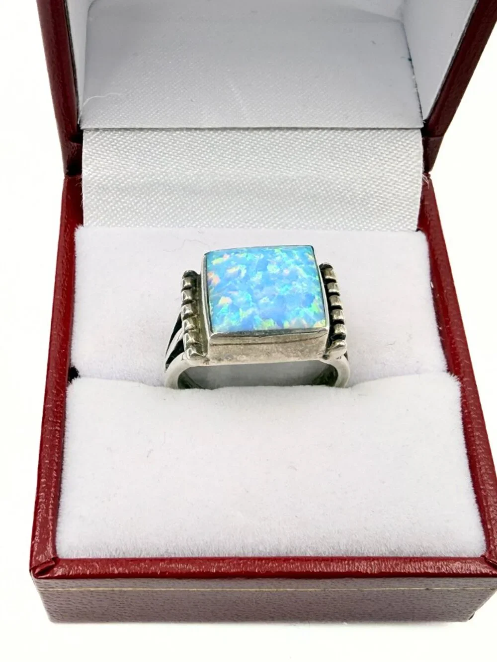 OTT Marked Southwest Sterling Silver Square Lab Opal Ring Sz 6